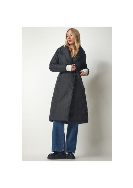 Kuşaklı Şal Yaka Kapitone kaban Siyah modelleri