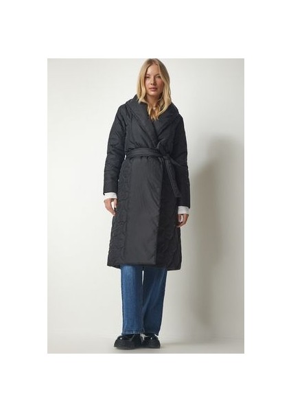 Kuşaklı Şal Yaka Kapitone kaban Siyah fırsatları