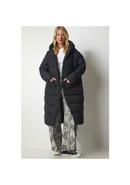 Kapüşonlu Oversize Uzun Şişme Kaban Siyah