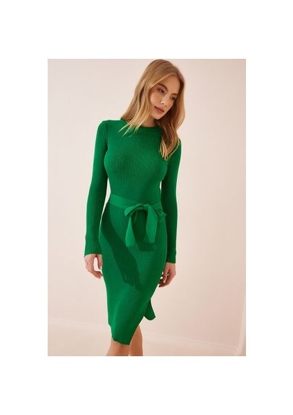 Bisiklet Yaka Likralı Triko Elbise Yeşil