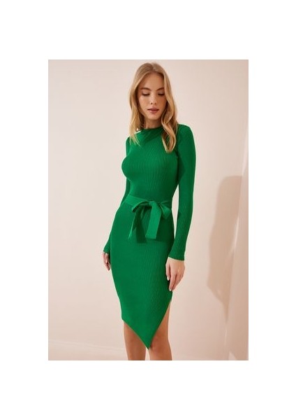 Bisiklet Yaka Likralı Triko Elbise Yeşil fiyatları