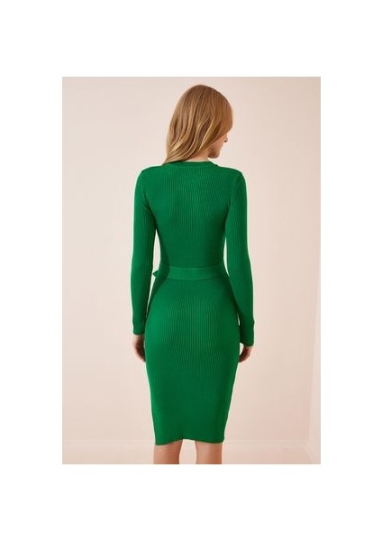 Bisiklet Yaka Likralı Triko Elbise Yeşil modelleri