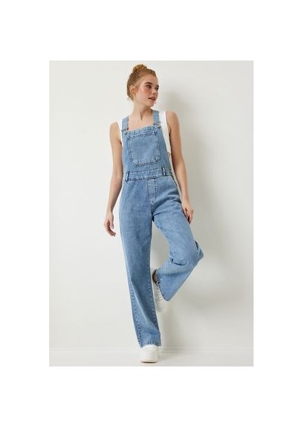 Askılı Denim Bahçıvan Tulum Açık Mavi