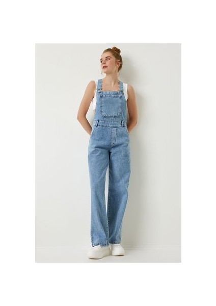 Askılı Denim Bahçıvan Tulum Açık Mavi