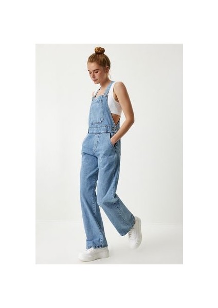 Askılı Denim Bahçıvan Tulum Açık Mavi
