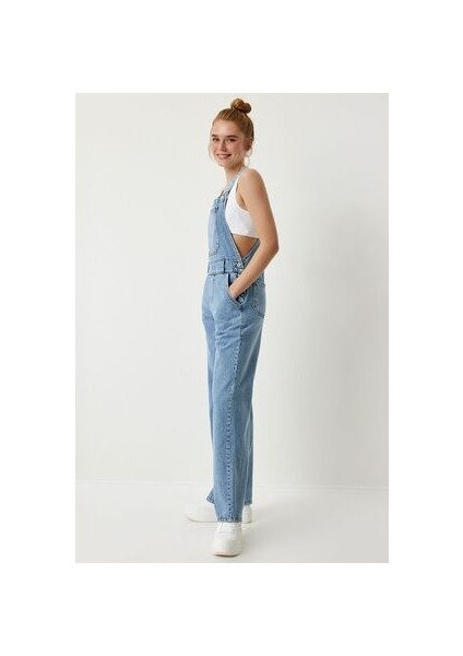 Askılı Denim Bahçıvan Tulum Açık Mavi