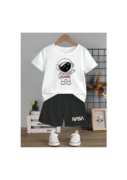 Nasa Baskı Pamuk Çocuk Takım Beyaz T-Shirt Siyah Şort - Kız Erkek Çocuk Yazlık Bisiklet Yaka
