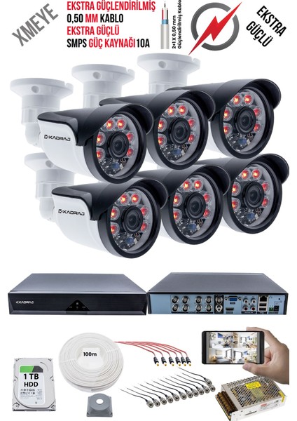 6 Kameralı Güvenlik Kamera Seti - Ekstra Uzun Mesafeli Güçlü, 5mp Sony Lens, 70M Dayanıklı Kablolama, 6 Atom Led, 1tb H.d.d