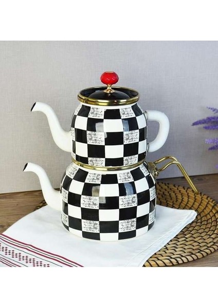 Dama Desen Kuğu Büyük Boy Emaye Çaydanlık Takımı