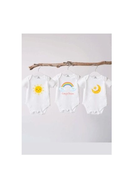 %100 Pamuklu Bebek Body - 3'lü Colorful Dream Set - Bebek Zıbın Badi