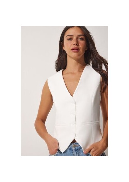 Vucüda Oturan Crop Dokuma Yelek Beyaz