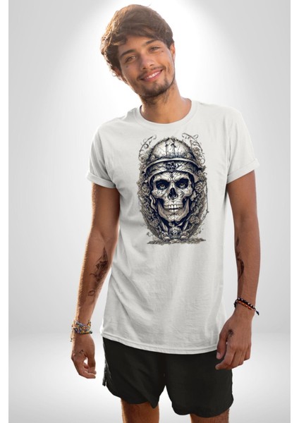 Kask Miğfer Iskelet Asker Kadın Erkek Unisex Beyaz Organik Baskılı T-Shirt Penye Yüksek Kalite fiyatları
