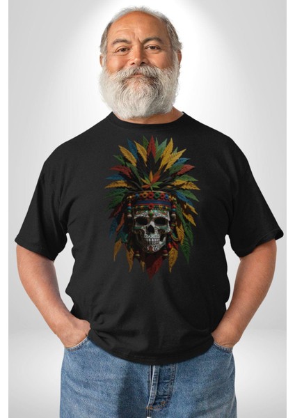 Kurukafa Iskelet Kızılderili Tüy Kartal Şefi Kadın Erkek Unisex Siyah Organik Baskılı T-Shirt Penye Yüksek Kalite fiyatları