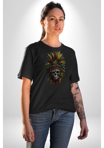 Kurukafa Iskelet Kızılderili Tüy Kartal Şefi Kadın Erkek Unisex Siyah Organik Baskılı T-Shirt Penye Yüksek Kalite fırsatları