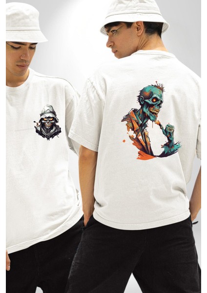 Zombi Iskelet Kendine Yumruk Beyaz Oversize Kadın Erkek Ön Ve Sırt Baskılı Tişört