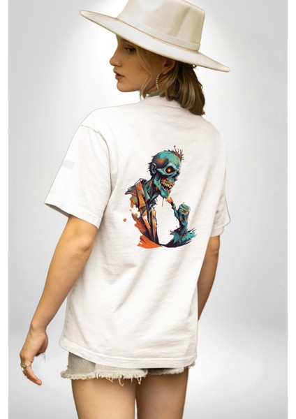 Zombi Iskelet Kendine Yumruk Beyaz Oversize Kadın Erkek Ön Ve Sırt Baskılı Tişört fiyatları