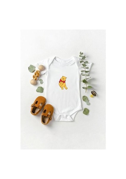 Kısa Kollu %100 Pamuklu Pooh Tasarımlı Bebek Zıbın Body
