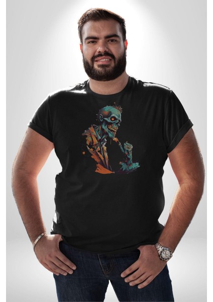 Zombi Iskelet Kendine Yumruk Kadın Erkek Unisex Siyah Organik Baskılı T-Shirt Penye Yüksek Kalite