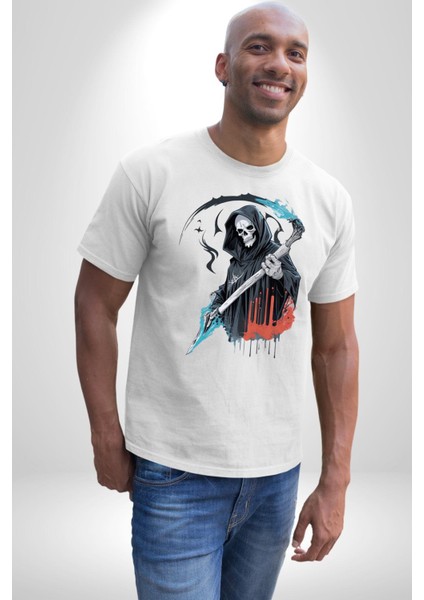 Azrail Ölüm Tanrısı Iskelet Kadın Erkek Unisex Beyaz Organik Baskılı T-Shirt Penye Yüksek Kalite