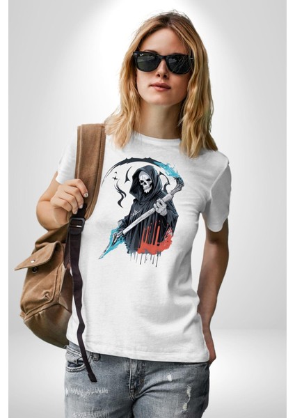 Azrail Ölüm Tanrısı Iskelet Kadın Erkek Unisex Beyaz Organik Baskılı T-Shirt Penye Yüksek Kalite