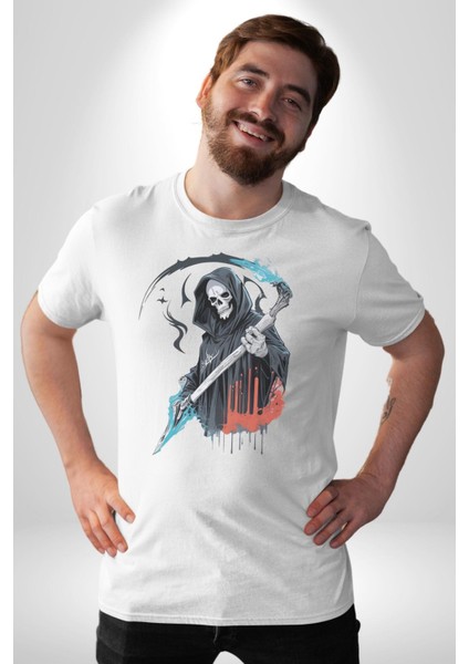 Azrail Ölüm Tanrısı Iskelet Kadın Erkek Unisex Beyaz Organik Baskılı T-Shirt Penye Yüksek Kalite