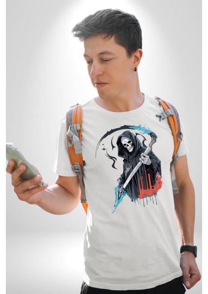Azrail Ölüm Tanrısı Iskelet Kadın Erkek Unisex Beyaz Organik Baskılı T-Shirt Penye Yüksek Kalite