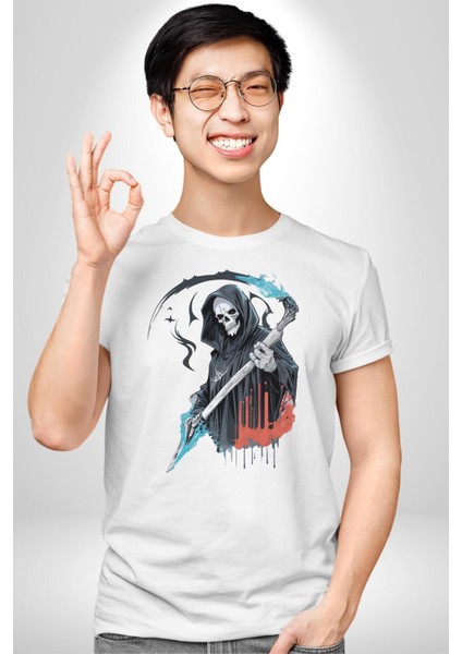 Azrail Ölüm Tanrısı Iskelet Kadın Erkek Unisex Beyaz Organik Baskılı T-Shirt Penye Yüksek Kalite