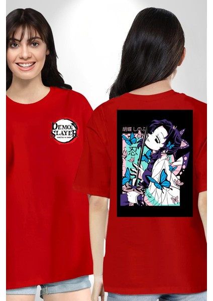 Shinobu Kocho Demon Slayer Kırmızı Oversize Kadın Erkek Ön ve Sırt Baskılı Tişört