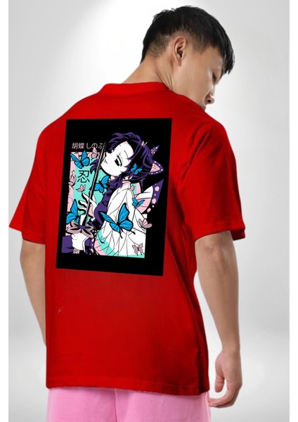 Shinobu Kocho Demon Slayer Kırmızı Oversize Kadın Erkek Ön ve Sırt Baskılı Tişört fırsatları