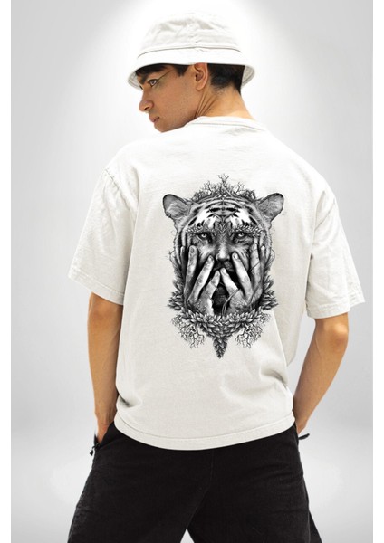 Yarım Insan Yarım Leopar Mutant Leopar Kral Beyaz Oversize Kadın Erkek Ön ve Sırt Baskılı Tişört fiyatları
