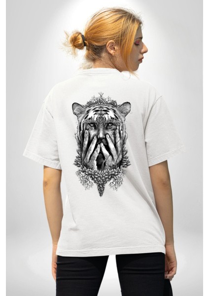 Yarım Insan Yarım Leopar Mutant Leopar Kral Beyaz Oversize Kadın Erkek Ön ve Sırt Baskılı Tişört fırsatları