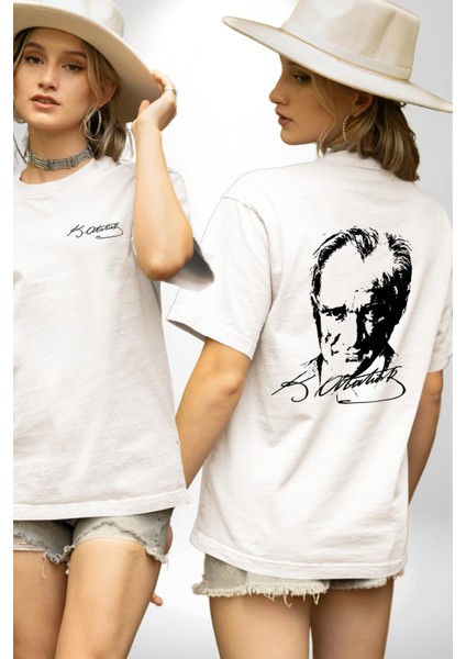 Kemal Atatürk Imza ve Silüet Beyaz Oversize Kadın Erkek Ön ve Sırt Baskılı Tişört