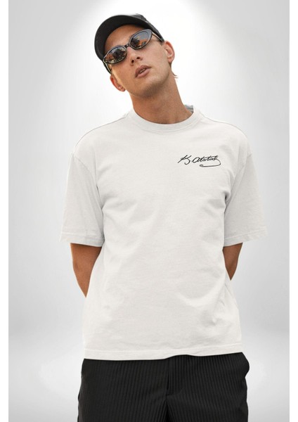 Kemal Atatürk Imza ve Silüet Beyaz Oversize Kadın Erkek Ön ve Sırt Baskılı Tişört indirimleri