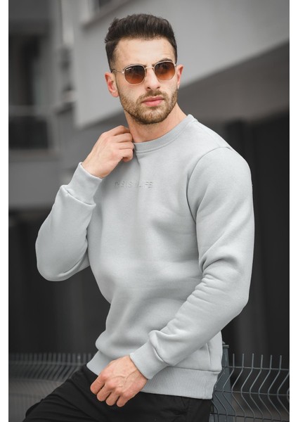 Trc 2737 Üç İplik Şardonlu Kabartma Baskılı Bisiklet Yaka Erkek Sweatshirt