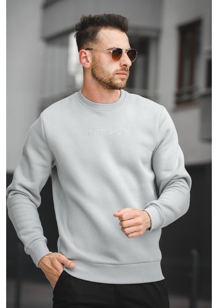 Trc 2737 Üç İplik Şardonlu Kabartma Baskılı Bisiklet Yaka Erkek Sweatshirt