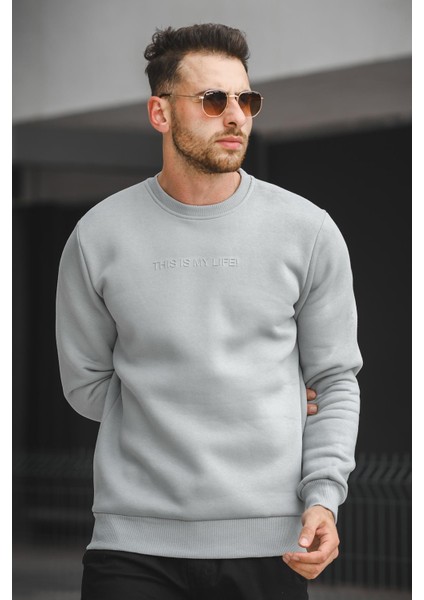 Trc 2737 Üç İplik Şardonlu Kabartma Baskılı Bisiklet Yaka Erkek Sweatshirt