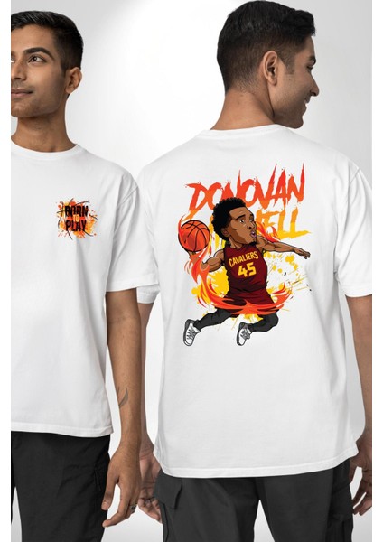 Donovan Mitchell Basketbol Karikatür Beyaz Oversize Kadın Erkek Ön ve Sırt Baskılı Tişört