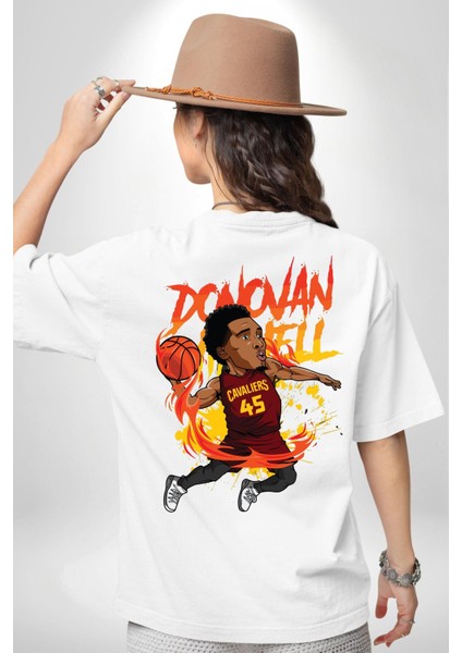 Donovan Mitchell Basketbol Karikatür Beyaz Oversize Kadın Erkek Ön ve Sırt Baskılı Tişört fiyatları