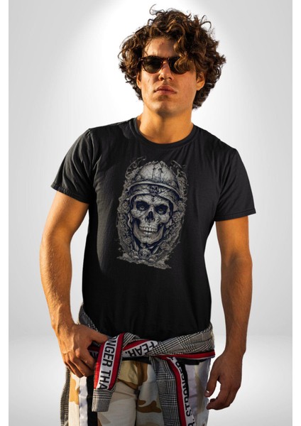 Kask Miğfer Iskelet Asker Kadın Erkek Unisex Siyah Organik Baskılı T-Shirt Penye Yüksek Kalite indirimleri