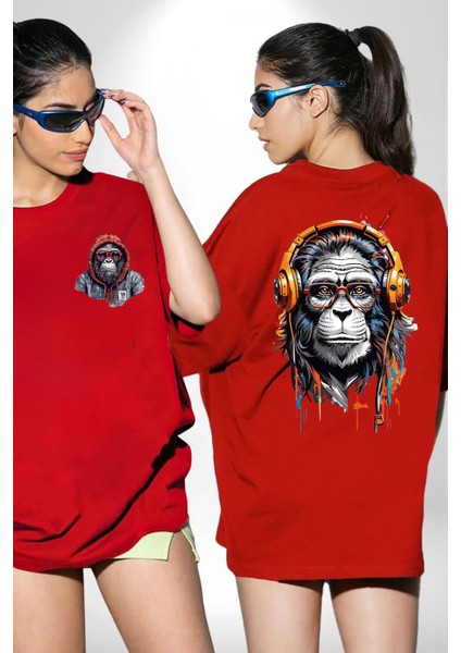 Kulaklık Maymun Müzik Dinliyor Kırmızı Oversize Kadın Erkek Ön ve Sırt Baskılı Tişört