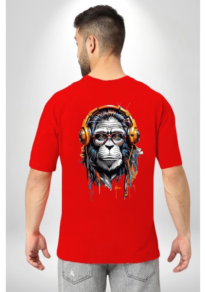 Kulaklık Maymun Müzik Dinliyor Kırmızı Oversize Kadın Erkek Ön ve Sırt Baskılı Tişört fiyatları