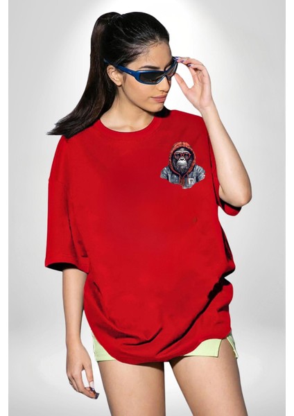 Kulaklık Maymun Müzik Dinliyor Kırmızı Oversize Kadın Erkek Ön ve Sırt Baskılı Tişört modelleri