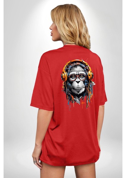 Kulaklık Maymun Müzik Dinliyor Kırmızı Oversize Kadın Erkek Ön ve Sırt Baskılı Tişört fırsatları