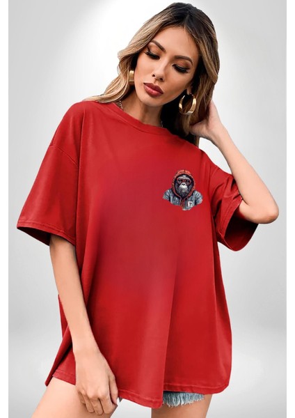 Kulaklık Maymun Müzik Dinliyor Kırmızı Oversize Kadın Erkek Ön ve Sırt Baskılı Tişört indirimleri