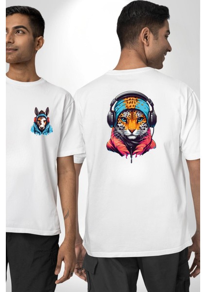 Kulaklık Kedi Leopar Bandana Beyaz Oversize Kadın Erkek Ön ve Sırt Baskılı Tişört
