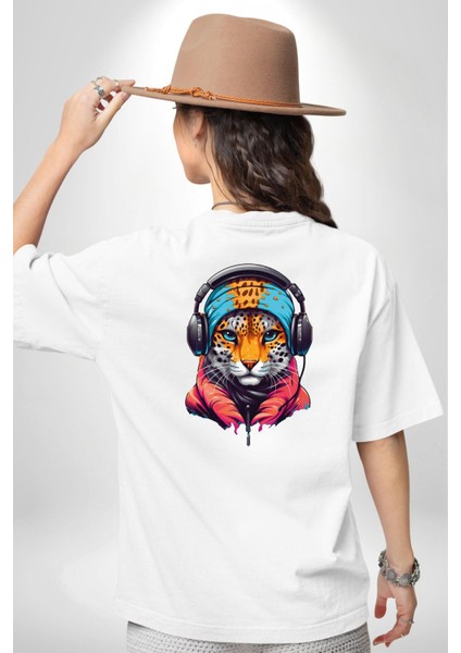 Kulaklık Kedi Leopar Bandana Beyaz Oversize Kadın Erkek Ön ve Sırt Baskılı Tişört fiyatları