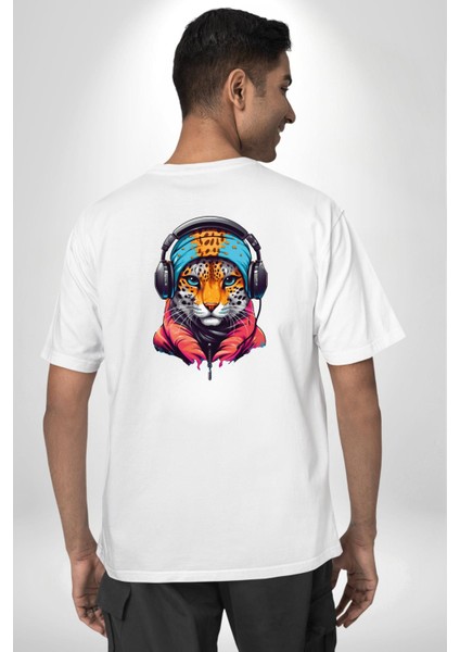 Kulaklık Kedi Leopar Bandana Beyaz Oversize Kadın Erkek Ön ve Sırt Baskılı Tişört fırsatları