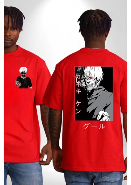 Kaneki Ken Kuma Japon Anime Şeytan Kırmızı Oversize Kadın Erkek Ön ve Sırt Baskılı Tişört