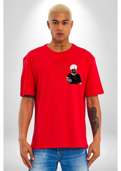 Kaneki Ken Kuma Japon Anime Şeytan Kırmızı Oversize Kadın Erkek Ön ve Sırt Baskılı Tişört indirimleri