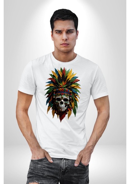 Kurukafa Iskelet Kızılderili Tüy Kartal Şefi Kadın Erkek Unisex Beyaz Organik Baskılı T-Shirt Penye Yüksek Kalite